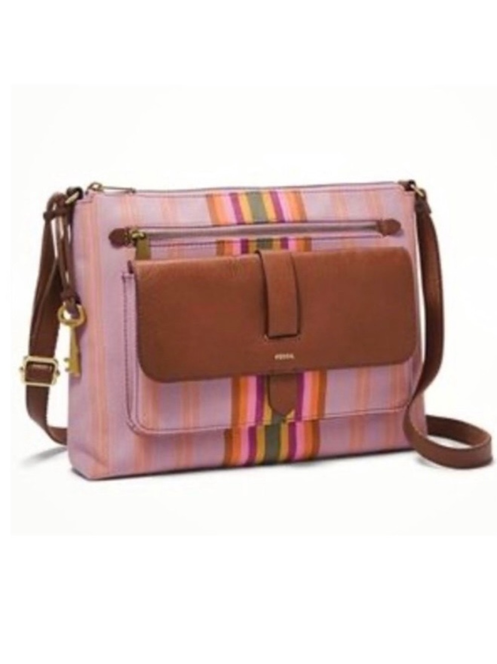 Fossil Pink and Brown Striped Crossbody Bag